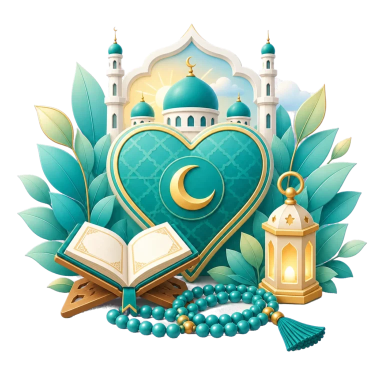 Islamic illustration representing faith and iman with a Quran, mosque, crescent, prayer beads, and lantern