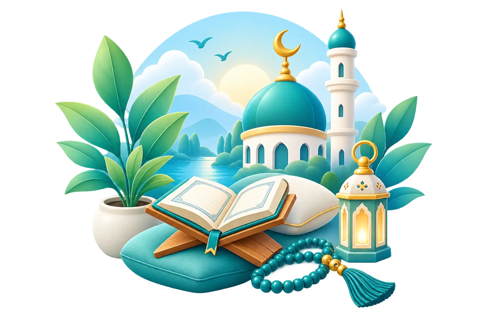 Mominly – Calm Peaceful Islamic setting with Quran, prayer beads, lantern and mosque