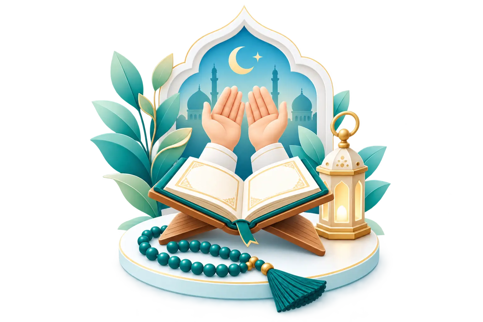 Open Quran, prayer beads and raised hands representing daily duas