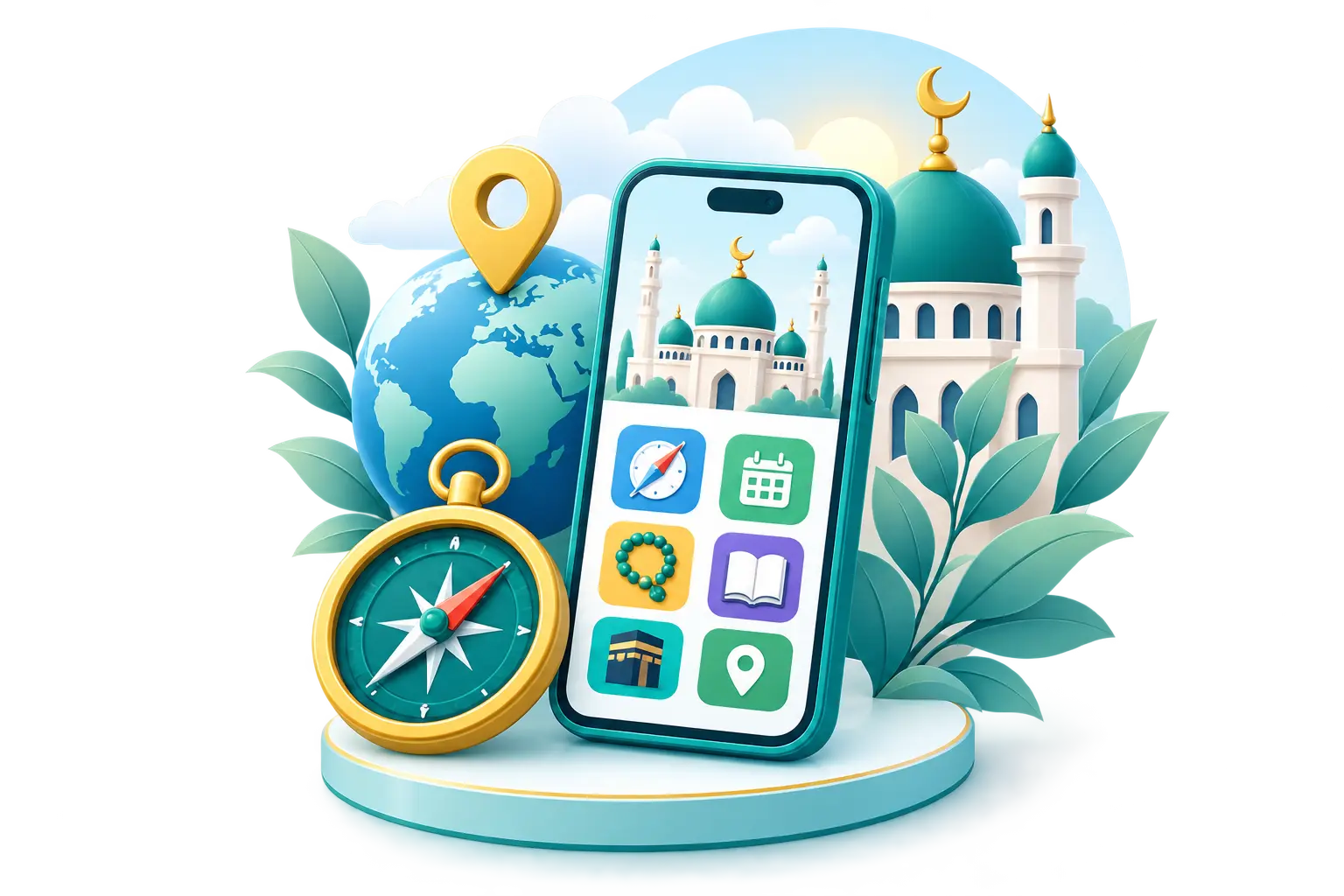 Smartphone with Islamic tools, Qibla compass, mosque and location globe