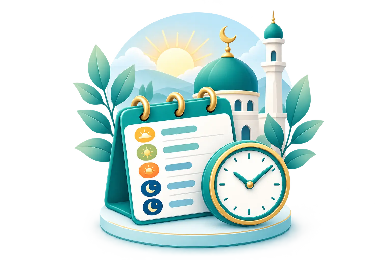 Prayer time calendar and clock with a mosque and sunrise