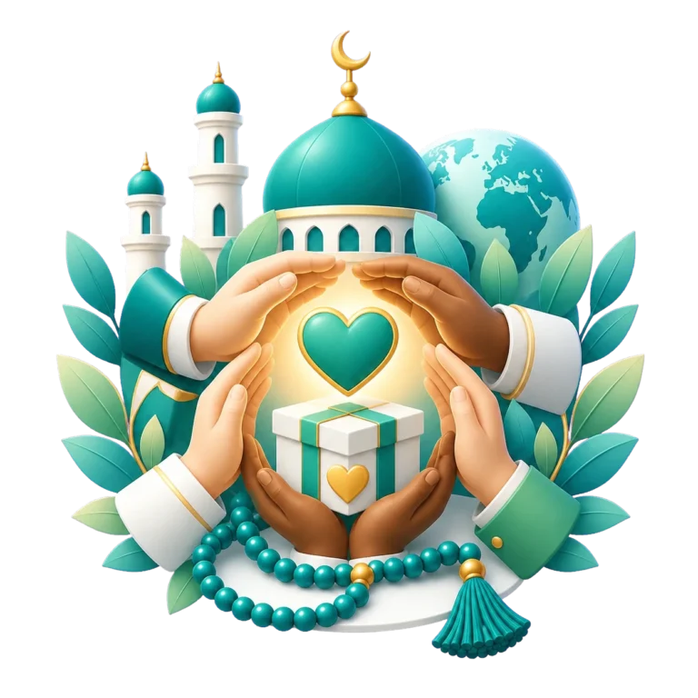 Diverse hands gathered around a heart and charity gift with a mosque, globe, and prayer beads