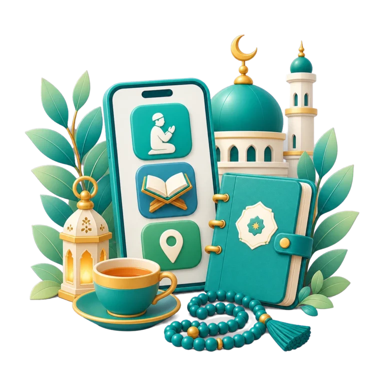 Smartphone with Islamic lifestyle icons beside a mosque, Quran, prayer beads, lantern, and tea