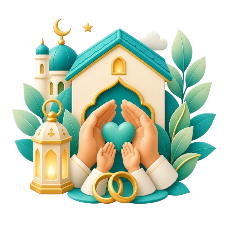 Family hands holding a heart beneath a Muslim home with wedding rings, mosque, and lantern