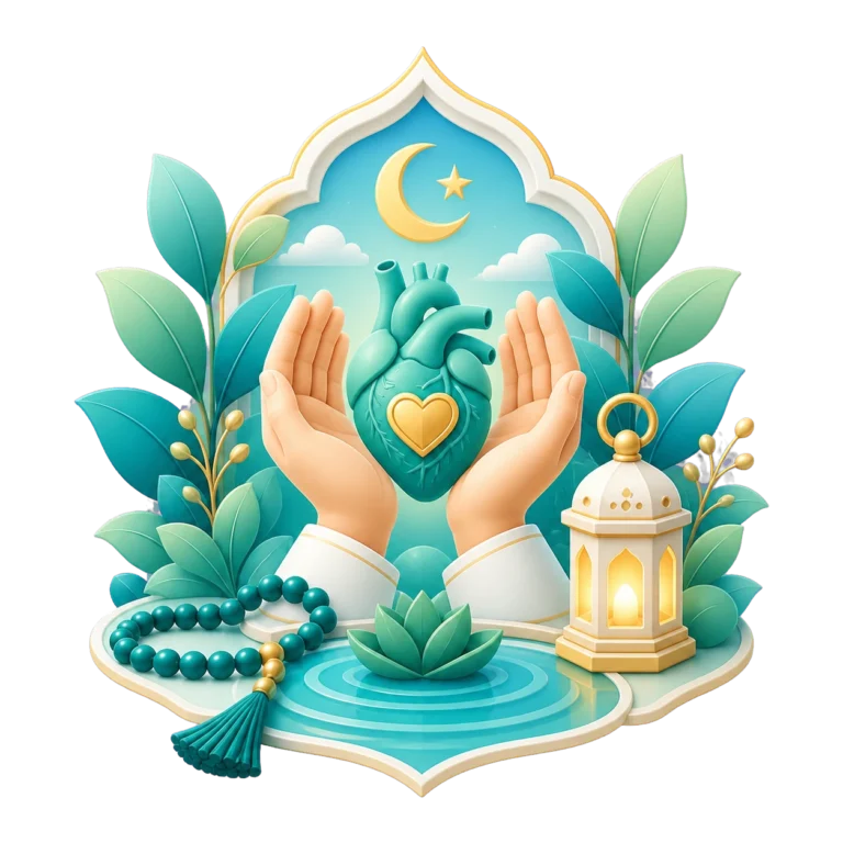 Hands protecting a heart with prayer beads, crescent, lantern, leaves, and calm water