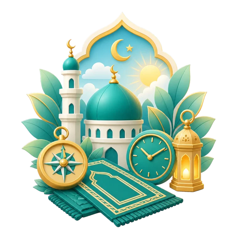 Prayer rug, Qiblah compass, clock, mosque, and lantern representing Salah and prayer times