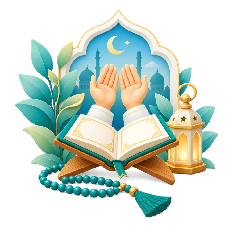 Open Quran, raised hands in dua, prayer beads, mosque, crescent, and Islamic lantern