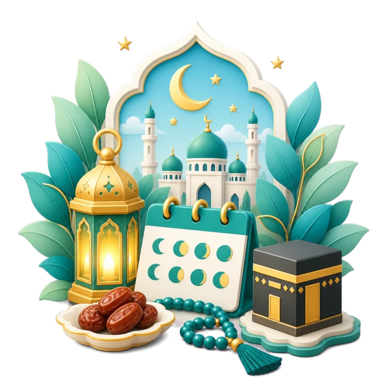 Ramadan lantern, crescent moon, dates, Islamic calendar, mosque, and Kaaba