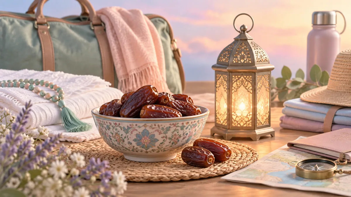 Bowl of dates beside prayer beads, a lantern and travel supplies, illustrating a consistent Dhul Hijjah habit.