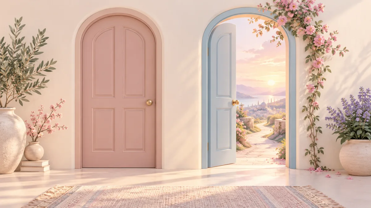Closed pink door beside an open blue door leading to a garden path, illustrating a consistent tawakkul habit