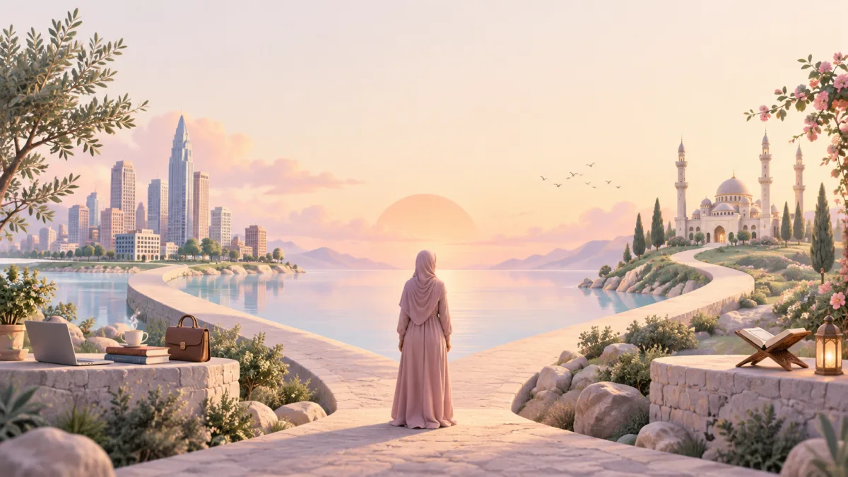 Woman facing paths toward a city and mosque, illustrating carrying the lessons of dunya and akhirah forward