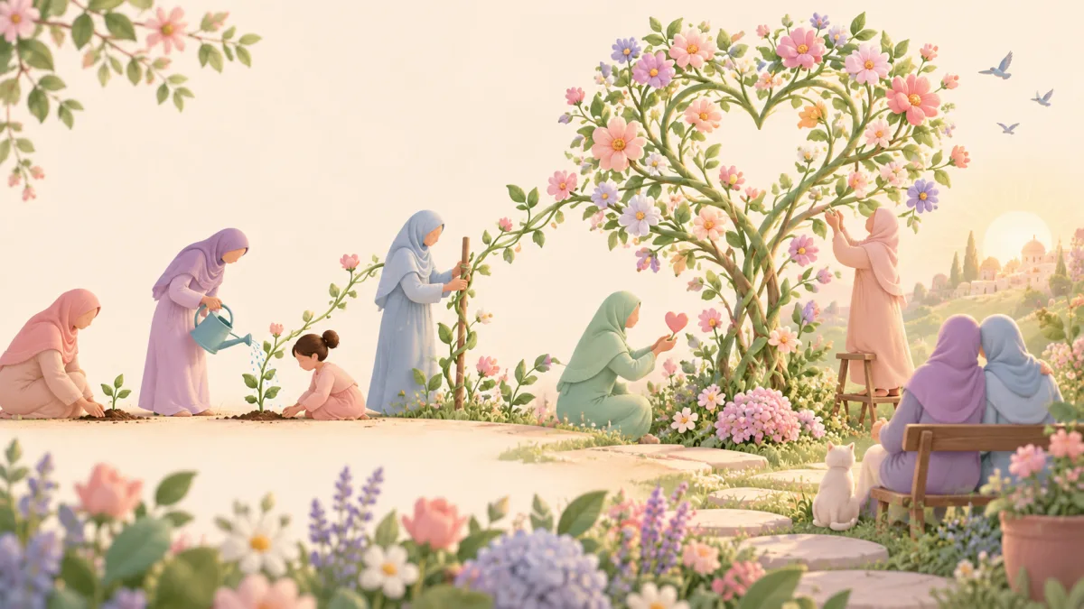 Women and a child tending a flower garden together, illustrating lessons of compassion carried forward