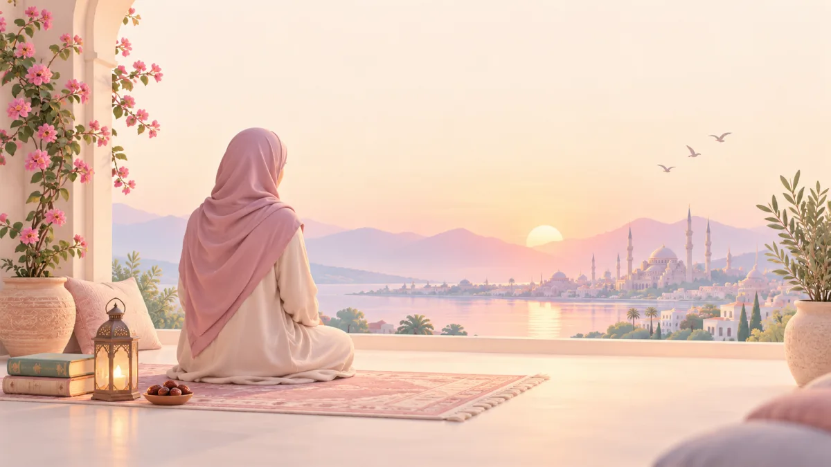 Woman seated on a prayer rug overlooking water and a mosque, illustrating carrying daily Muslim routine lessons forward