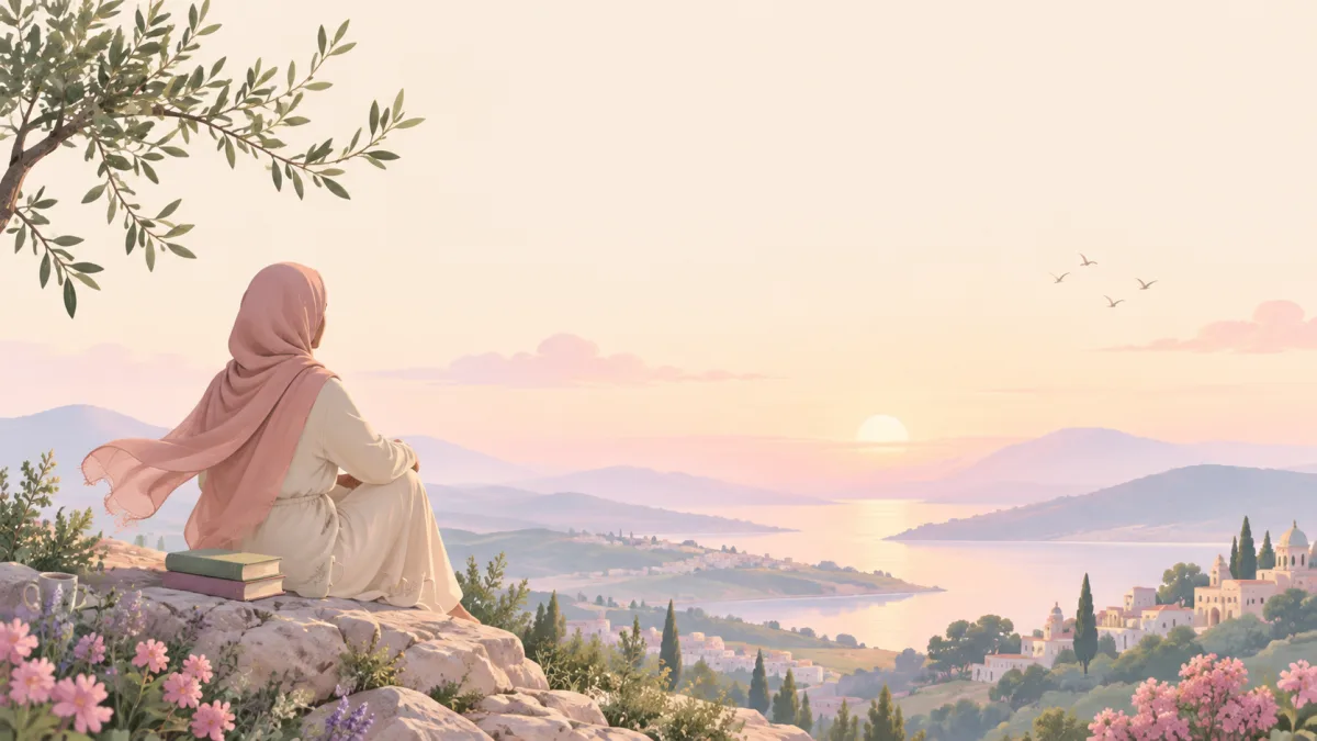 Woman overlooking water and distant hills, reflecting on lessons of modern faith