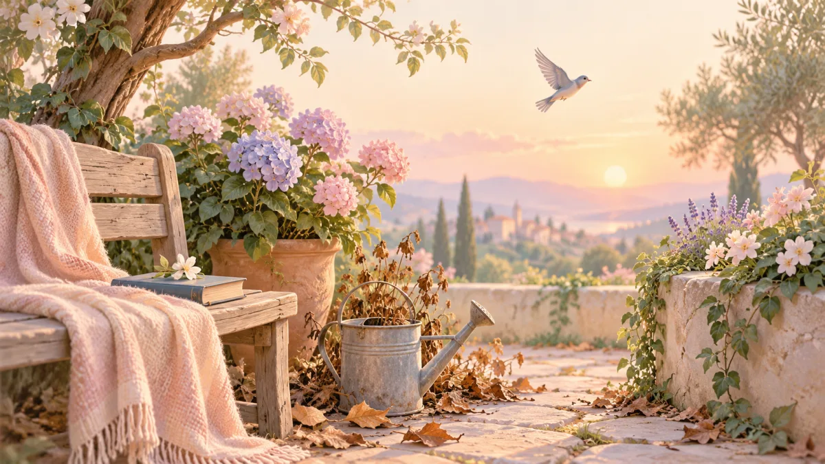 Garden bench with books and a blanket beside a watering can, accompanying lessons from hardship
