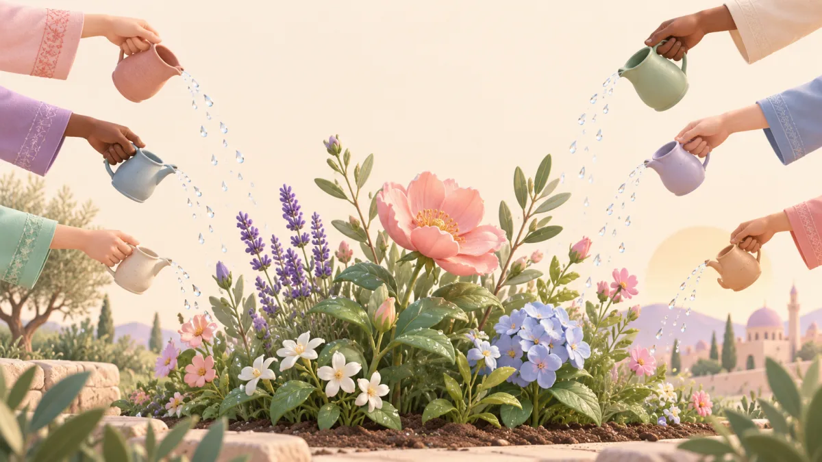 Several hands watering a flowering garden together, illustrating shared lessons from giving