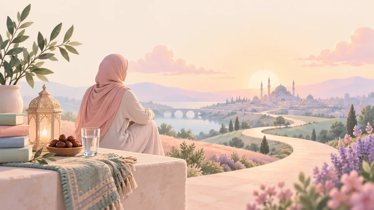 Woman overlooking a winding path and mosque, reflecting on lessons of halal habits