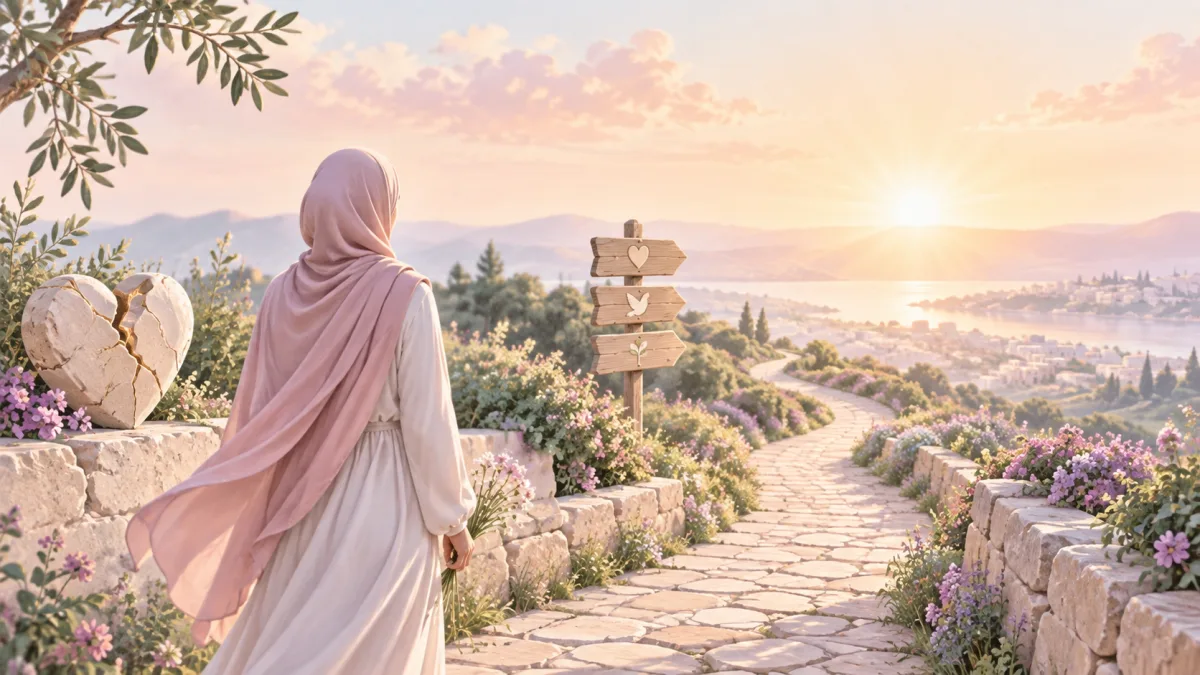 Woman walking toward a sunrise beside a repaired stone heart, illustrating healing the heart lessons carried forward.