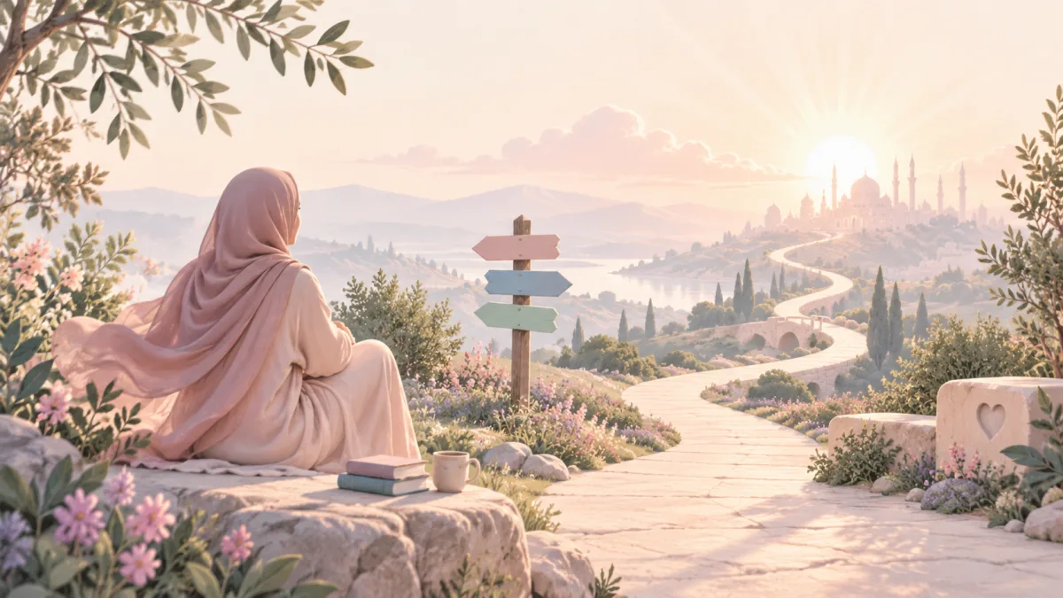 Woman seated beside a signpost and a path toward a distant mosque, illustrating community mental health support and faith.