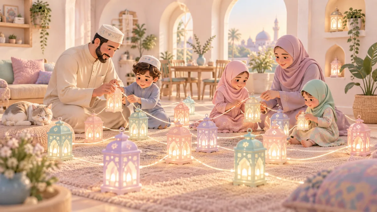 Islamic parenting lessons illustration: parents and three children arrange glowing pastel lanterns together at home.