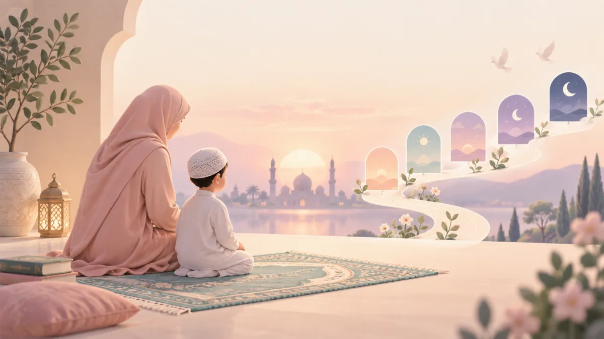 Woman and child seated on a prayer mat beside a path of day and night symbols, illustrating lessons of learning salah