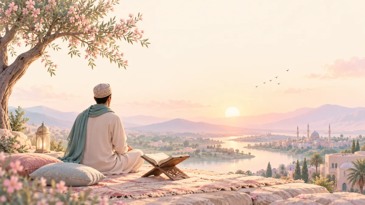 Man seated beside an open Quran at sunrise overlooking a river and mosque, illustrating Quran-guided lessons.