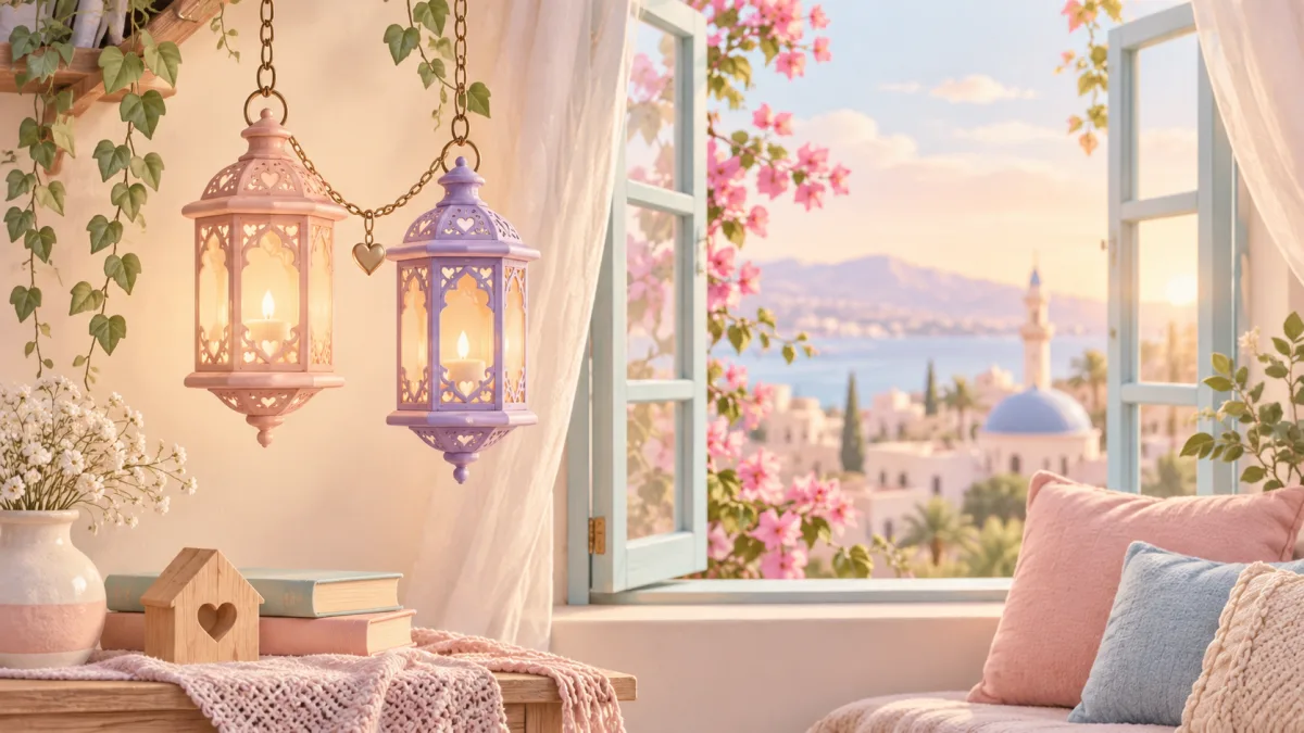 Carrying considerate care forward illustration: pink and lavender lanterns hang beside an open window overlooking a mosque and water.