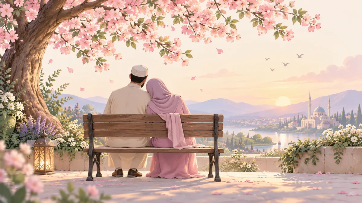 Muslim couple seated on a bench beneath pink blossoms, illustrating Muslim marriage lessons carried into changing seasons.