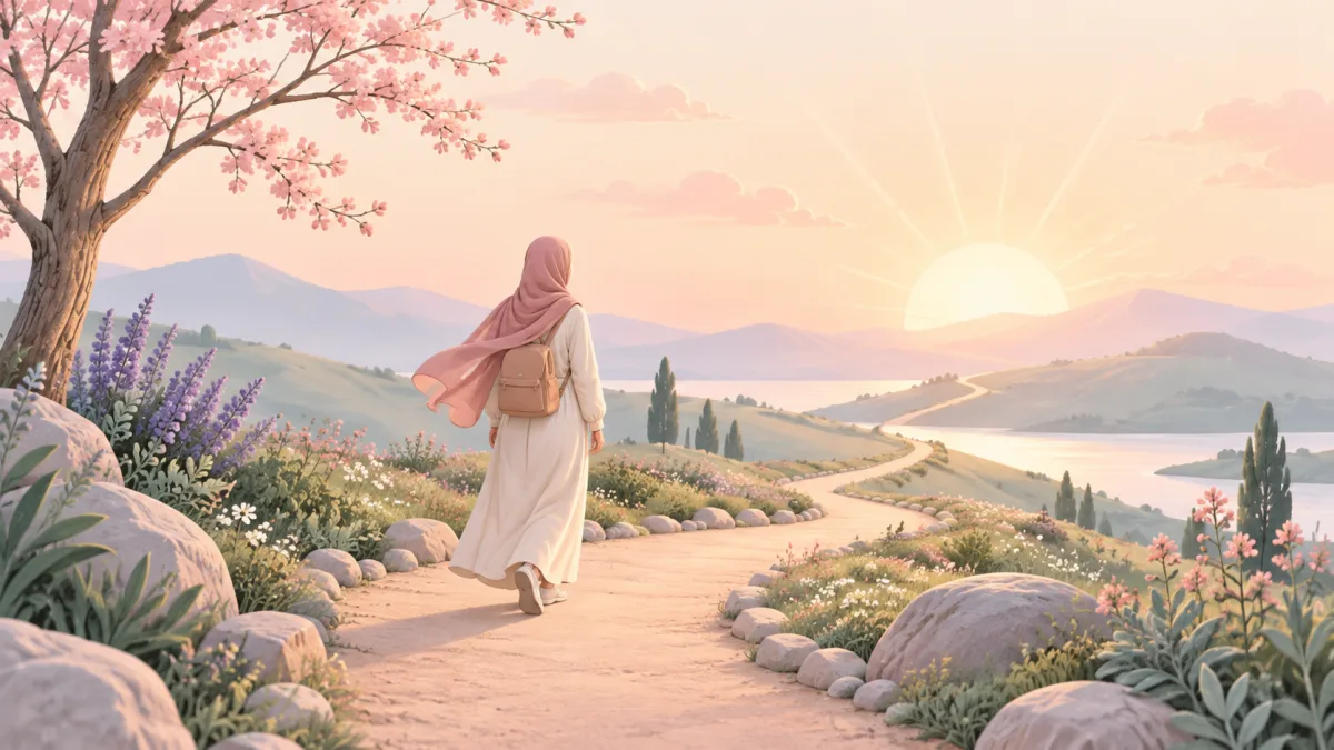 Woman in a pink hijab walking along a flower-lined path at sunrise, illustrating lessons from managing worry