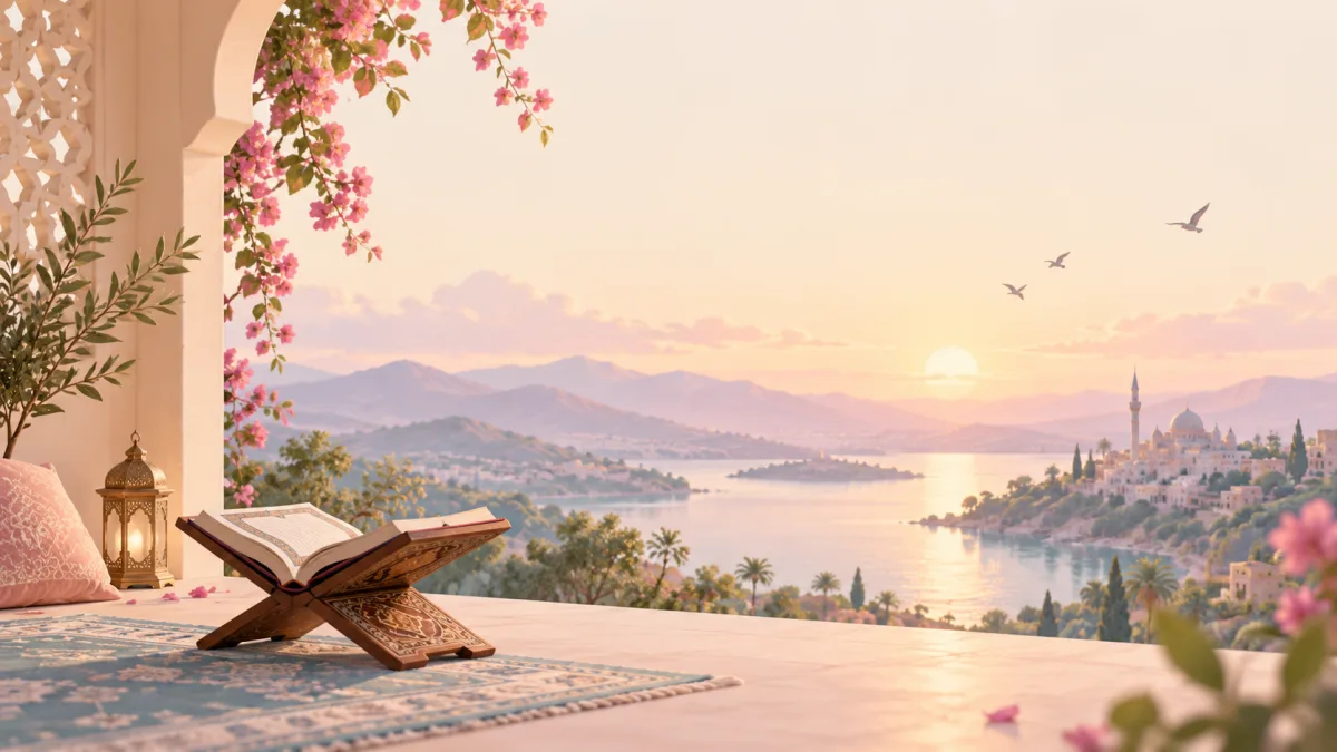 Open Quran and lantern on a terrace overlooking a lake and mosque, illustrating carrying Quran reflection forward.