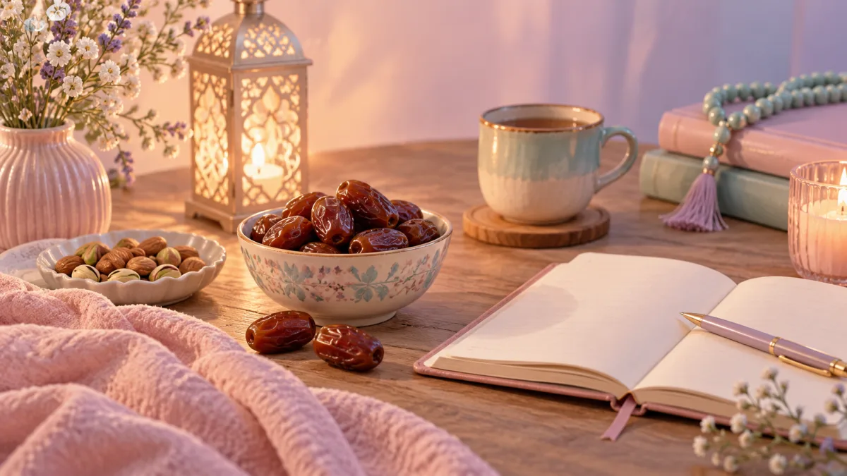 Lessons of Ramadan reflection with an open notebook, dates, tea and lantern light