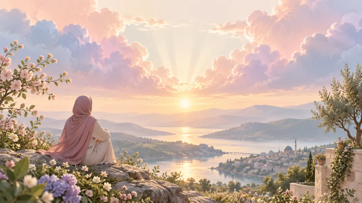 Woman in a pink hijab overlooking a lake and mosque at sunset, illustrating gratitude lessons
