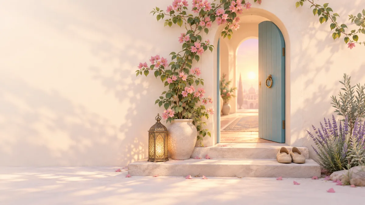 Open blue door with flowers, a lantern and slippers at the steps, illustrating carrying iman lessons forward
