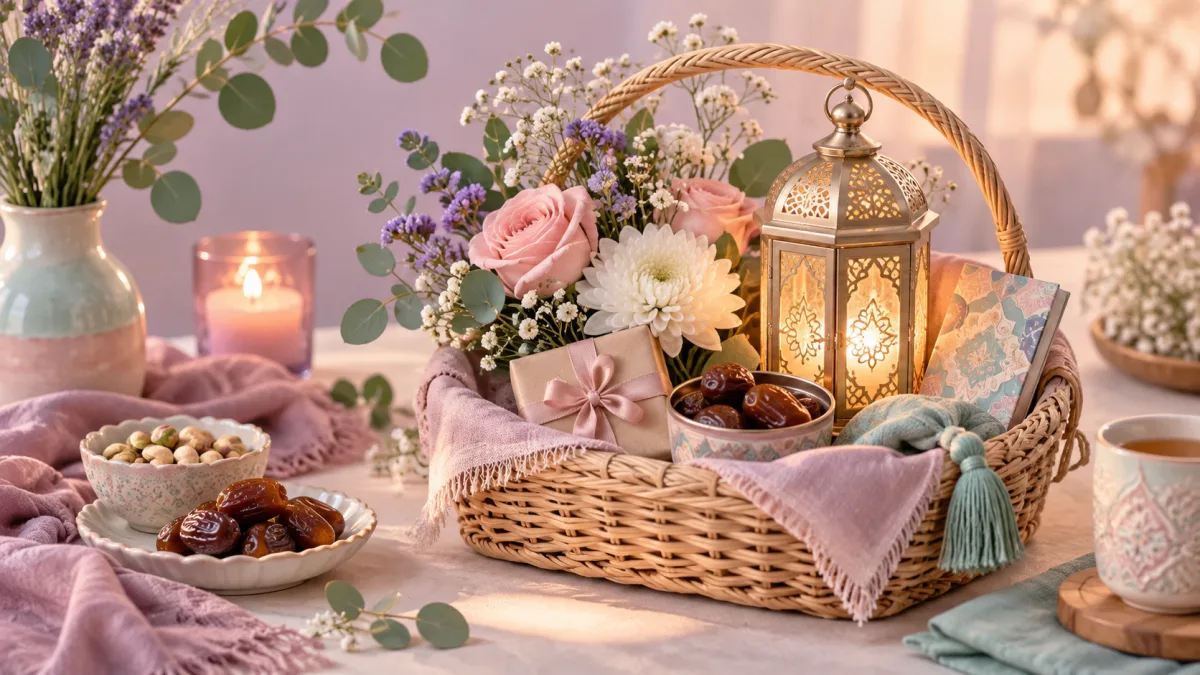 Decorative basket with lantern, dates, flowers and notebook for misunderstandings about Ramadan preparation
