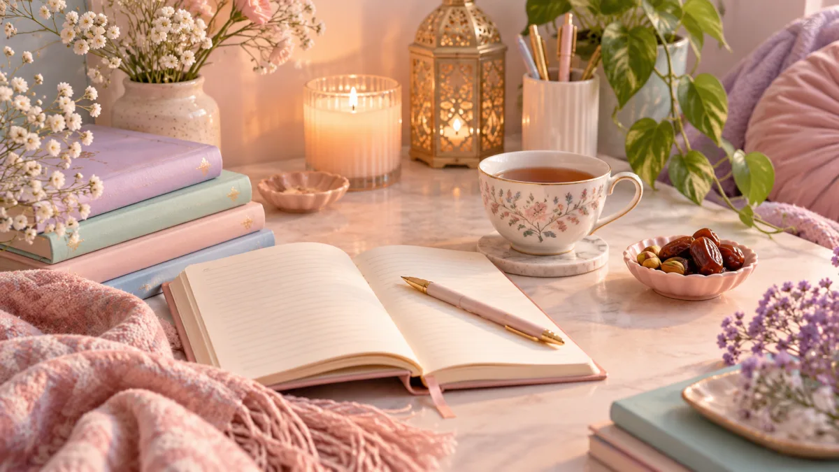 Open notebook, tea, dates and softly glowing lantern for compassionate Ramadan preparation