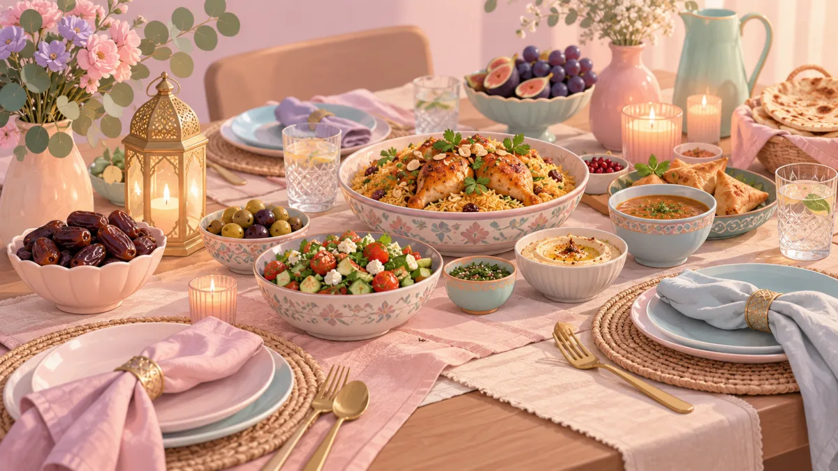 Shared table with rice, chicken, salad, soup and dates for a personal Ramadan preparation plan
