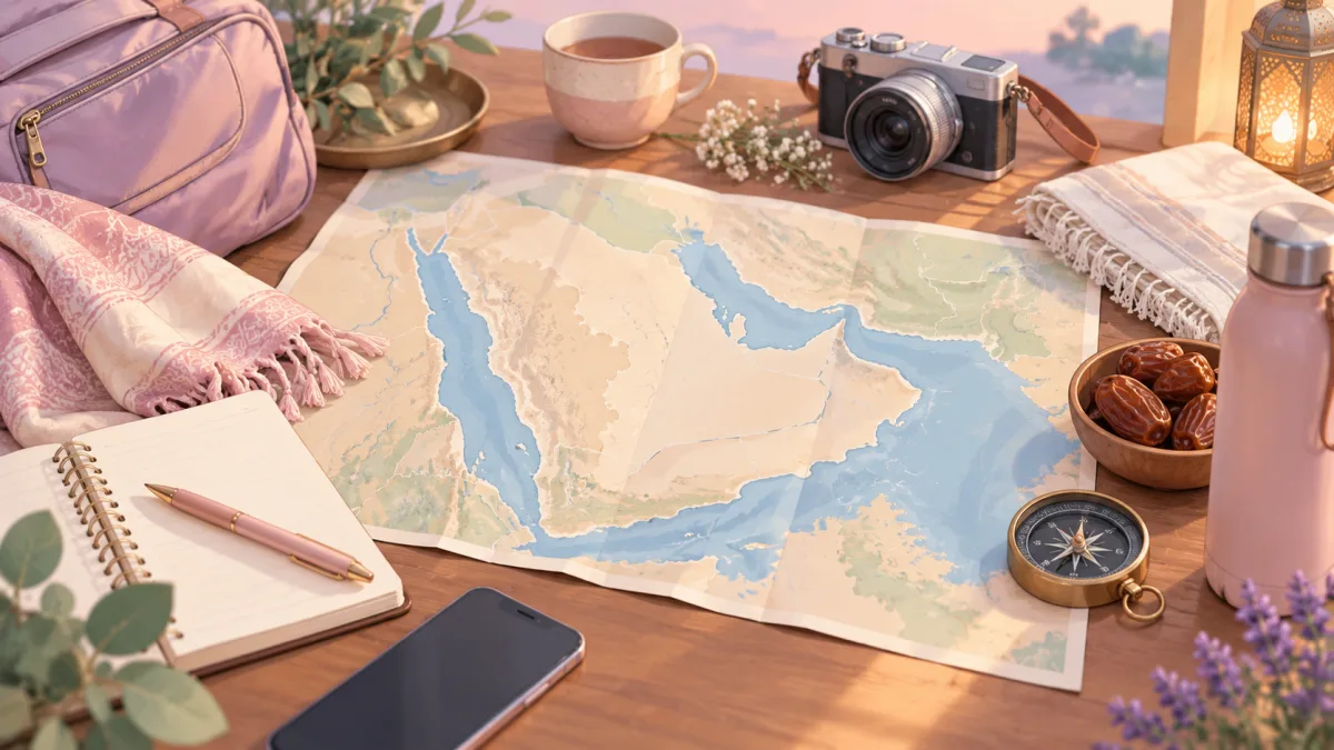 Map, notebook, phone and travel supplies on a table, illustrating support when Dhul Hijjah feels difficult.