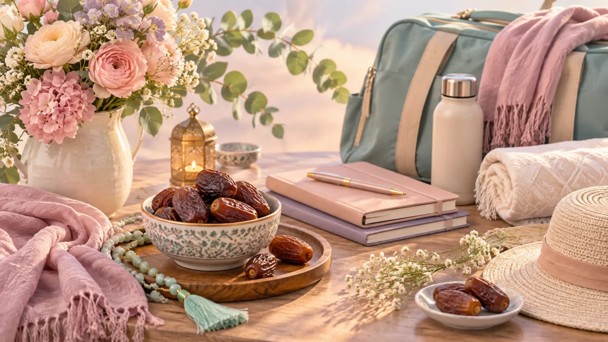 Dates, prayer beads, notebooks and travel bag illustrating Dhul Hijjah everyday choices