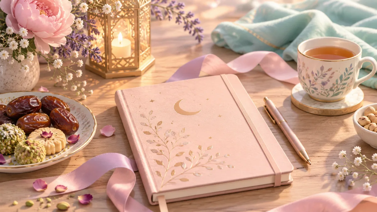 Pink crescent journal, tea and festive sweets for Eid reflection and everyday choices
