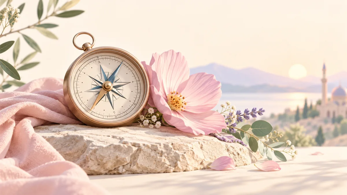 Compass beside a pink flower and soft fabric overlooking water, illustrating a family tawakkul conversation