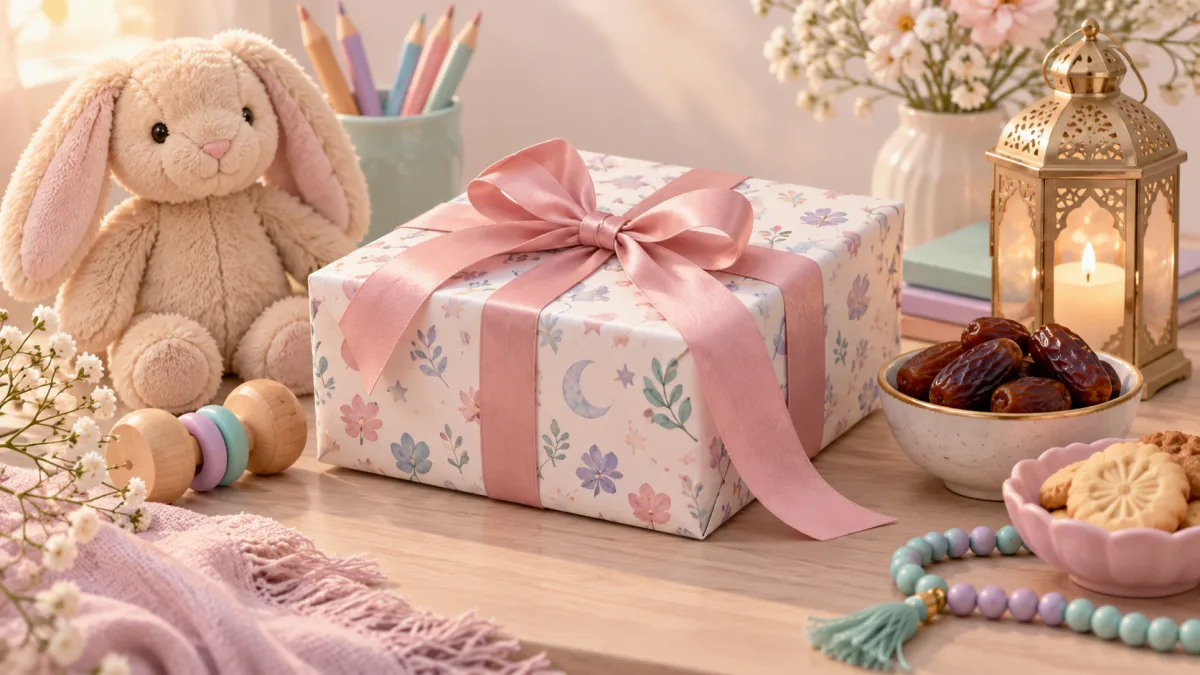 Pastel wrapped gift, soft toy, lantern and prayer beads illustrating calm through Eid reflection