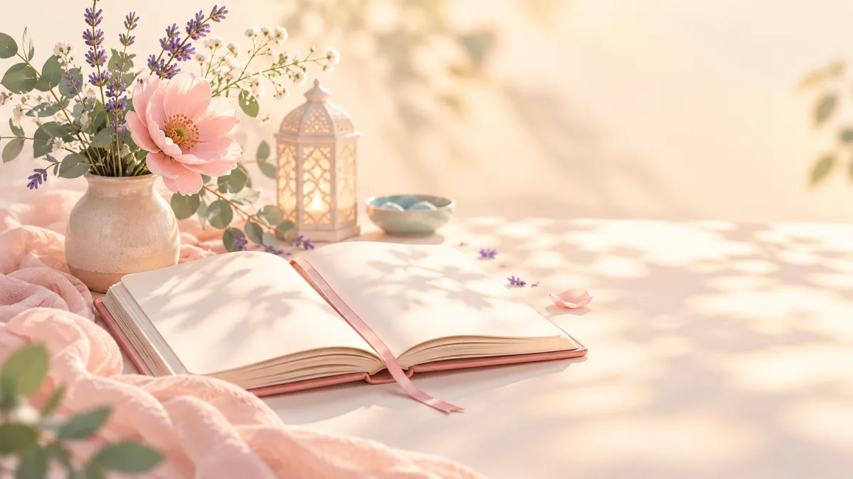 Open notebook beside flowers and a lantern, accompanying an introduction to daily duas
