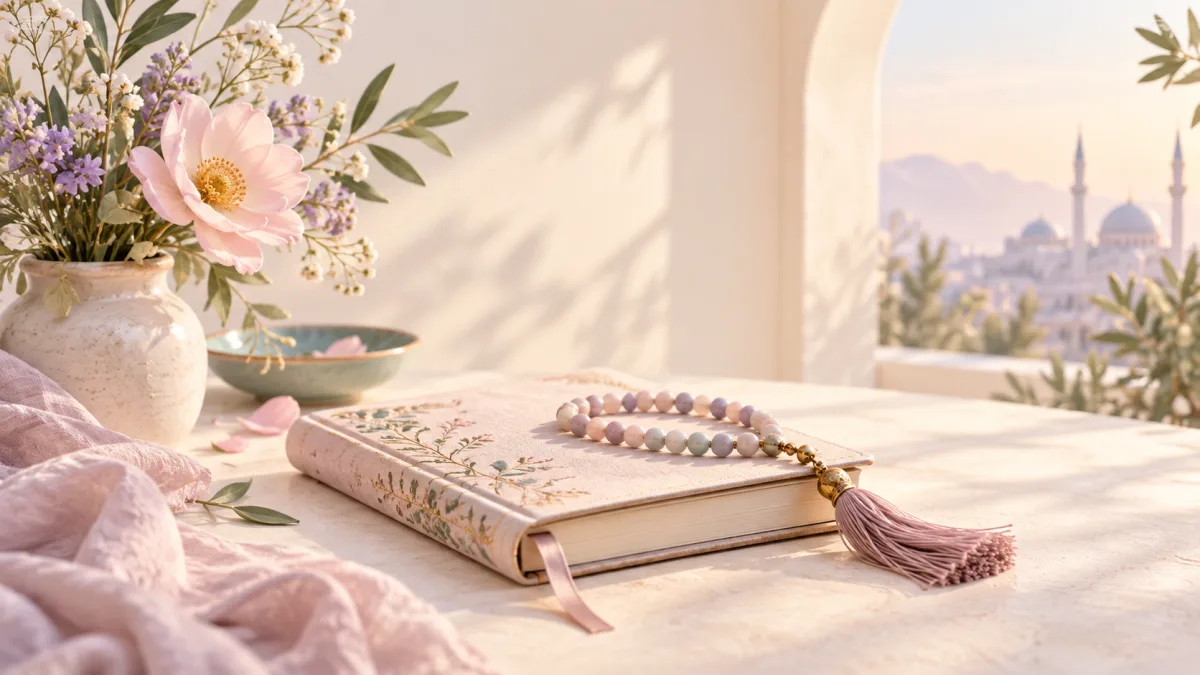 Pastel prayer beads on a floral notebook, accompanying an introduction to dhikr
