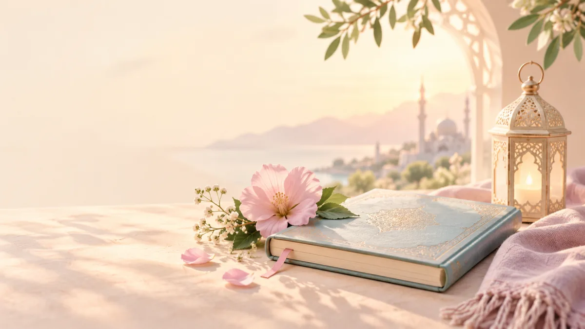 Decorated blue book beside a pink flower and glowing lantern, illustrating duas for difficult times.