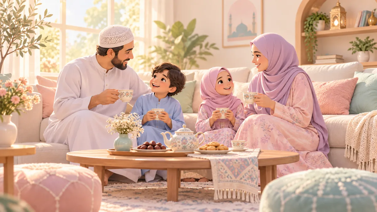 Parents and two children sharing tea, illustrating family relationships in Islam