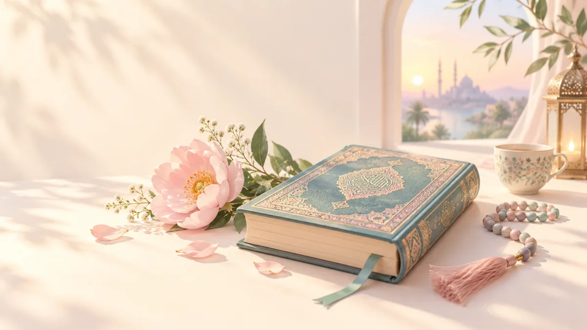 Decorated Quran beside flowers and prayer beads in a sunlit room, illustrating living by the Quran.
