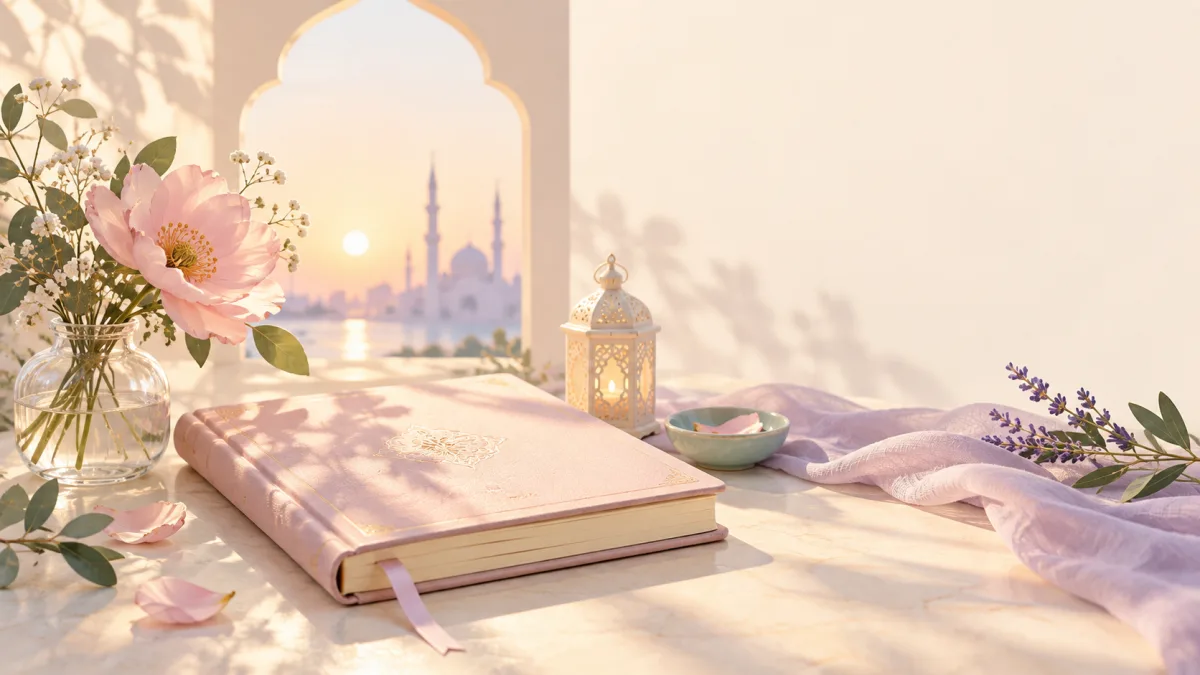 Closed pink book beside flowers and a lantern with a mosque beyond the window, accompanying understanding prayer times