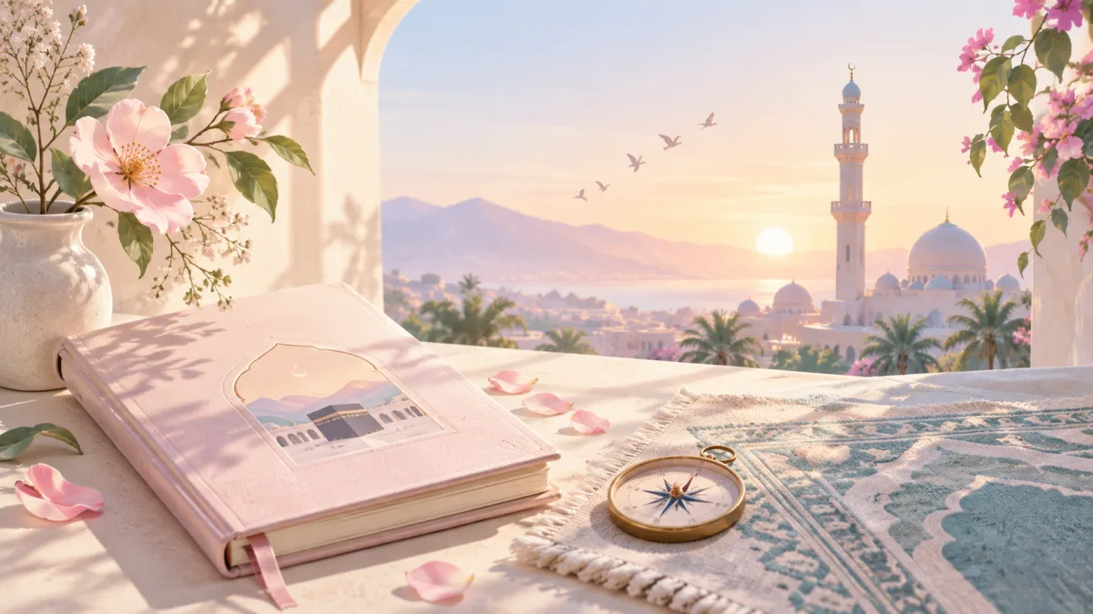 Compass and book with a Kaaba illustration beside a prayer mat, introducing qiblah and adhan