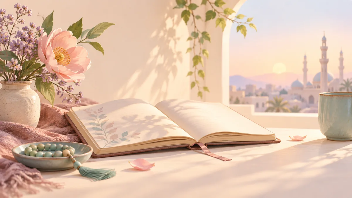 Open notebook, prayer beads and flowers beside a mosque view, introducing salah in daily life