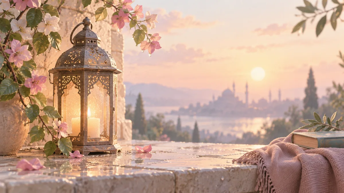 Glowing lantern among blossoms beside a book and blanket at sunset, accompanying an introduction to spiritual burnout